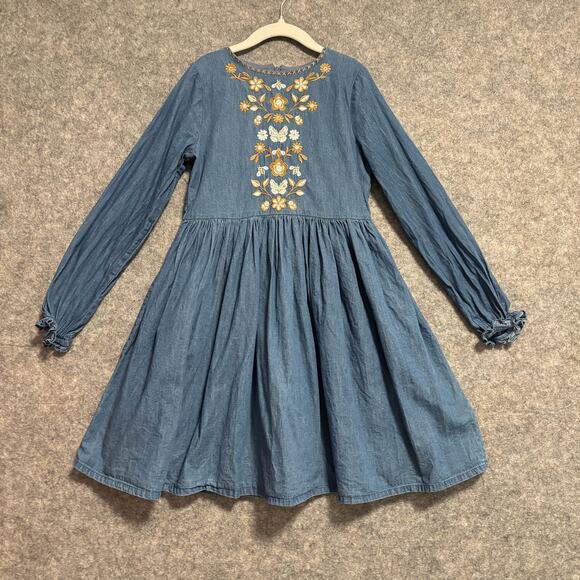 Mini Boden Dress Girls Size 8 9 Blue Chambray A Line Embroidered Long Sleeve - Picture 1 of 11